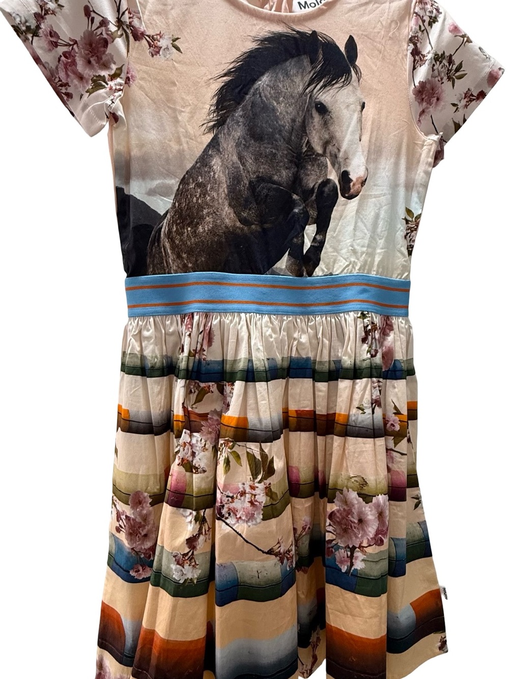 NEW Molo Pink Floral Horse Print Dress with Blue Waistband